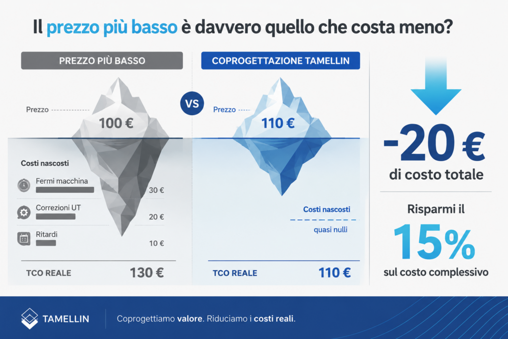 Grafico confronto costo nascosto e TCO reale in carpenteria metallica