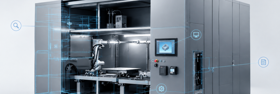 Cella robotica industriale con carteratura protettiva e overlay tecnico di riferimento