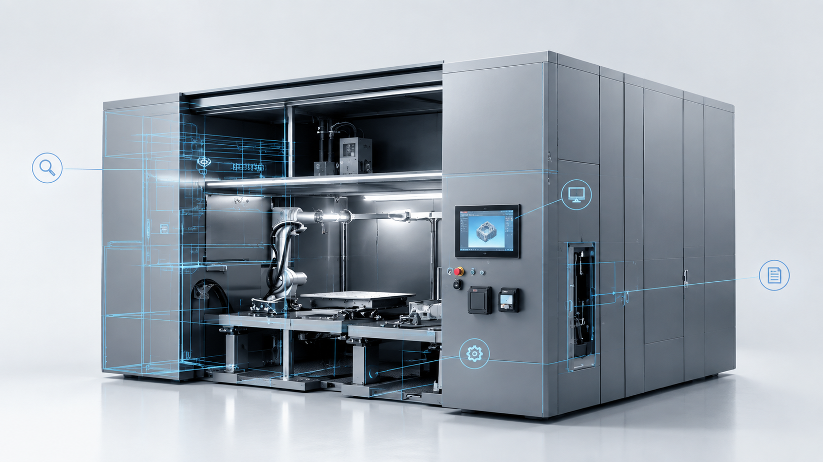 Cella robotica industriale con carteratura protettiva e overlay tecnico di riferimento